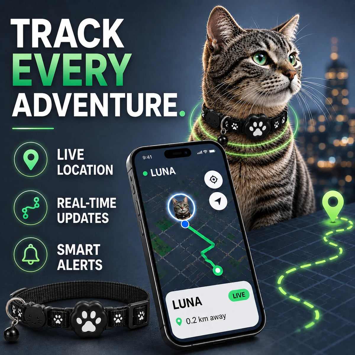 Cat Collar GPS Tracking Reflective Water-Resistant
