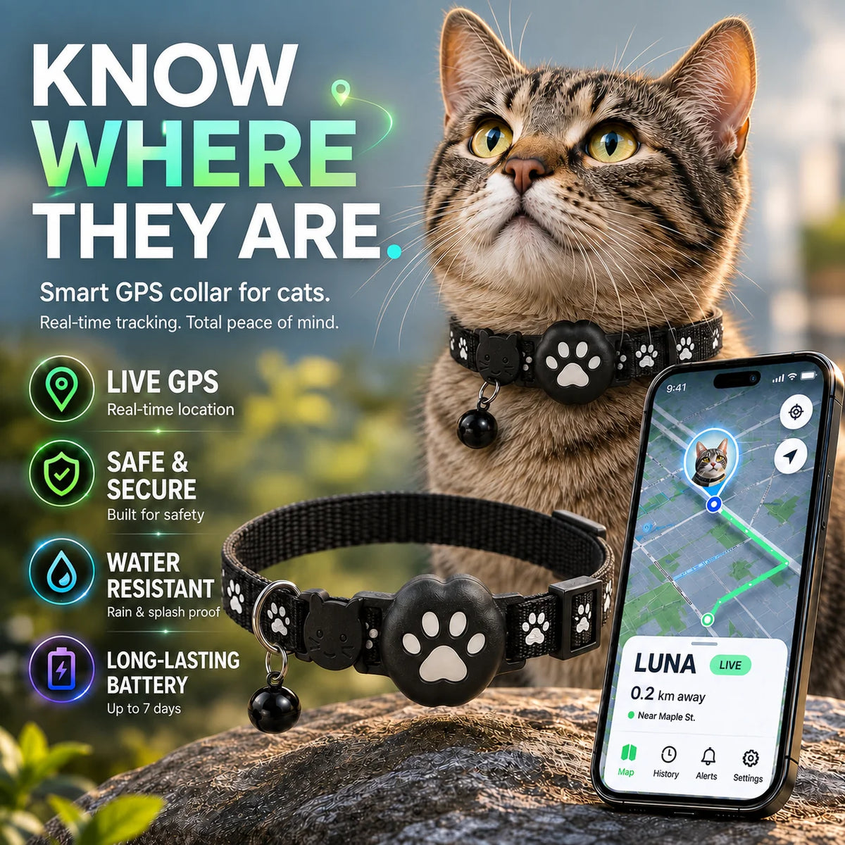 Cat Collar GPS Tracking Reflective Water-Resistant
