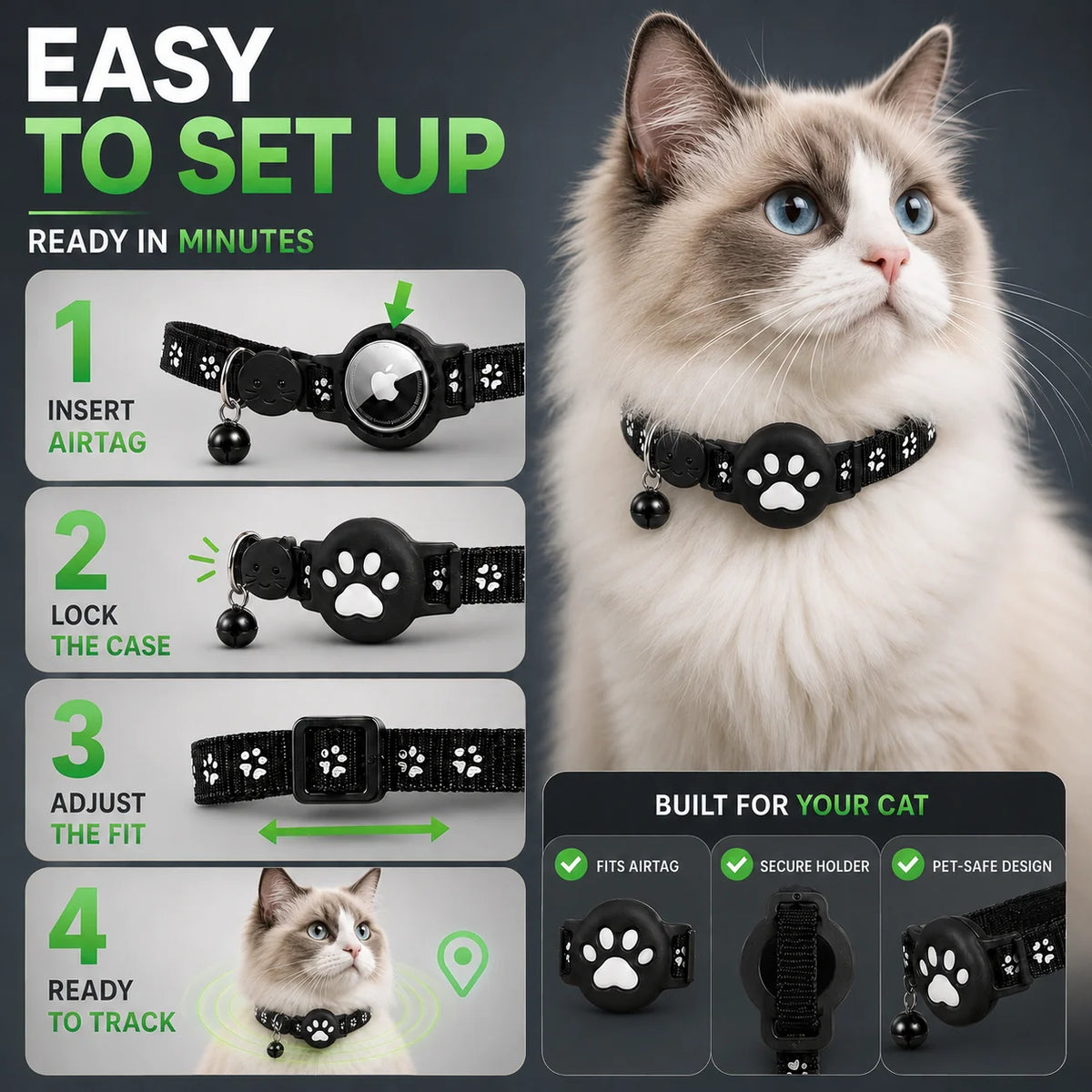 Cat Collar GPS Tracking Reflective Water-Resistant