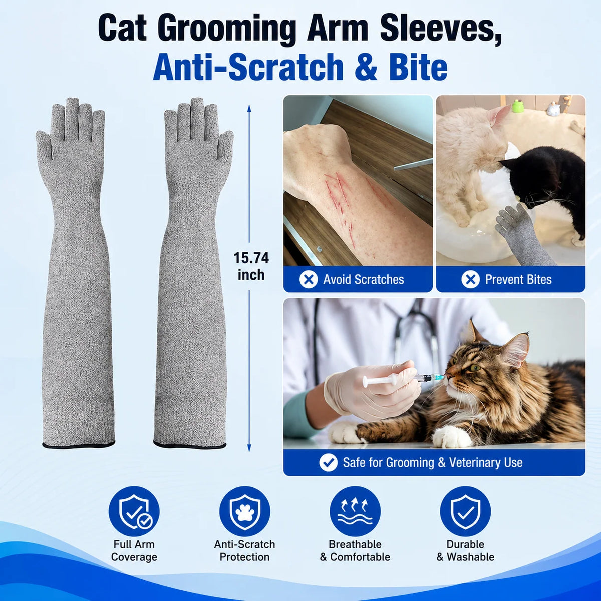 Cat Grooming Gloves Kevlar Extended Arm Protection
