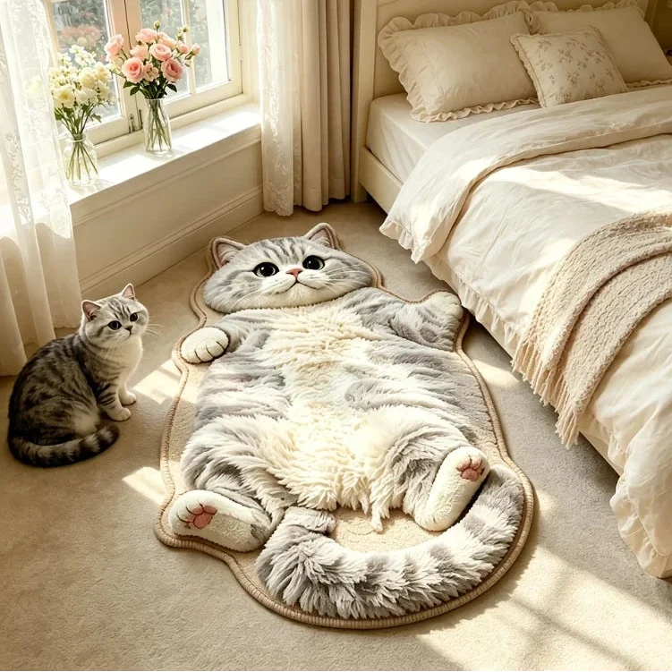 Cat Shaped Rug Soft Polyester Washable Non-Slip Backing