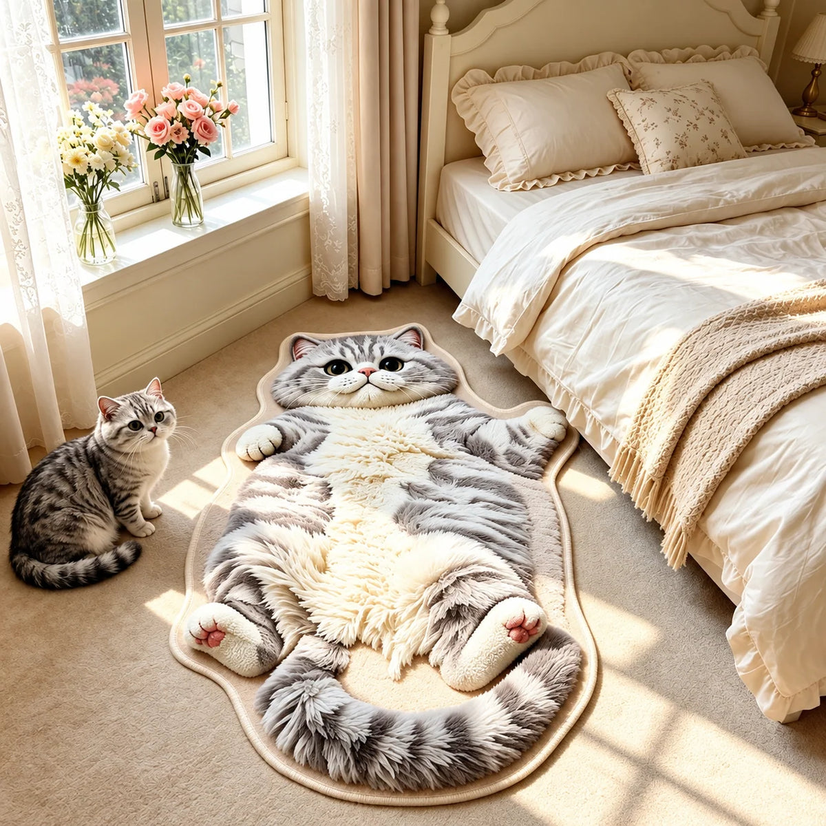 Cat Shaped Rug Soft Polyester Washable Non-Slip Backing
