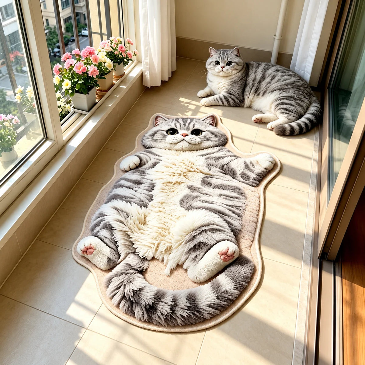 Cat Shaped Rug Soft Polyester Washable Non-Slip Backing