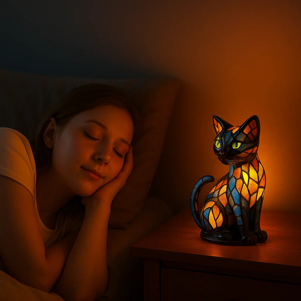 Cat Table Lamp Glass Mosaic Color-Changing Glow