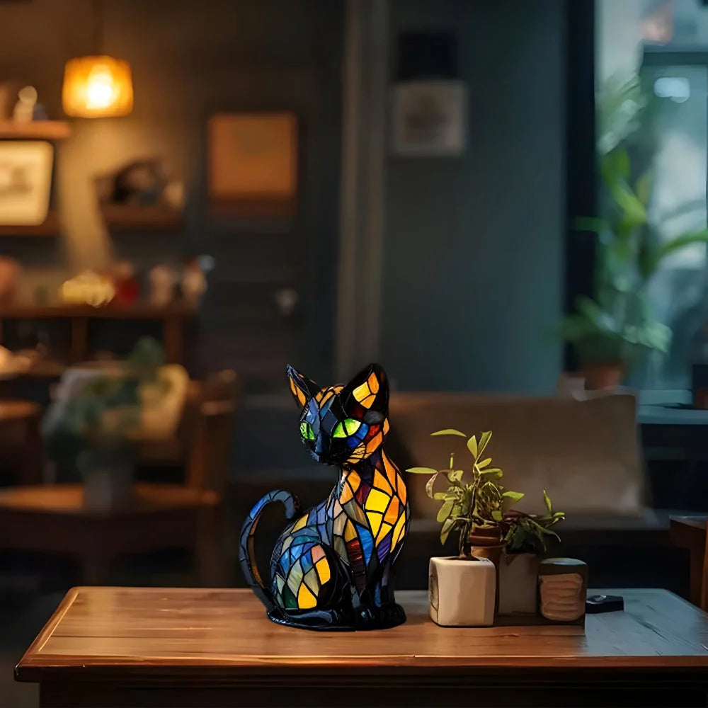 Cat Table Lamp Glass Mosaic Color-Changing Glow