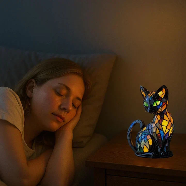 Cat Table Lamp Handcrafted Sleeping Cat Warm LED Glow