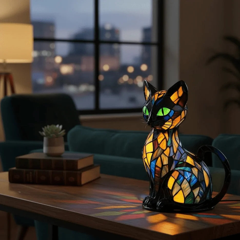 Cat Table Lamp Handmade Resin Warm White LED