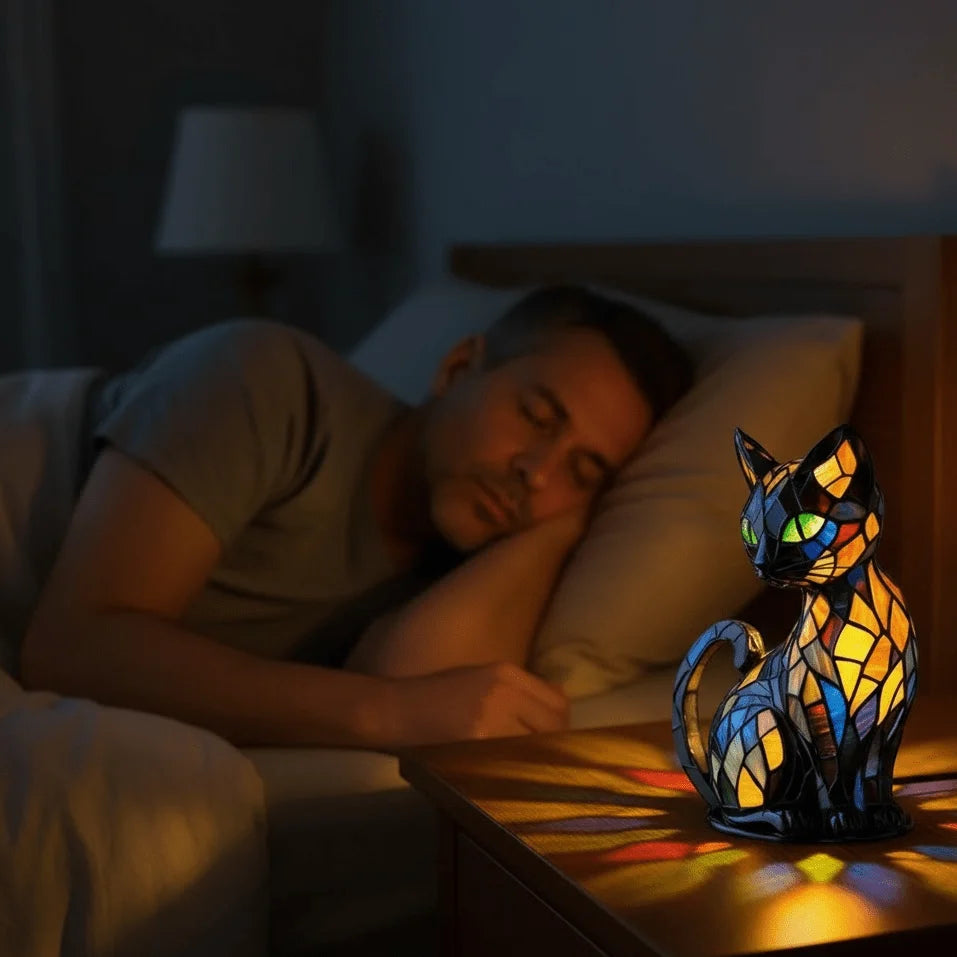 Cat Table Lamp Handmade Resin Warm White LED