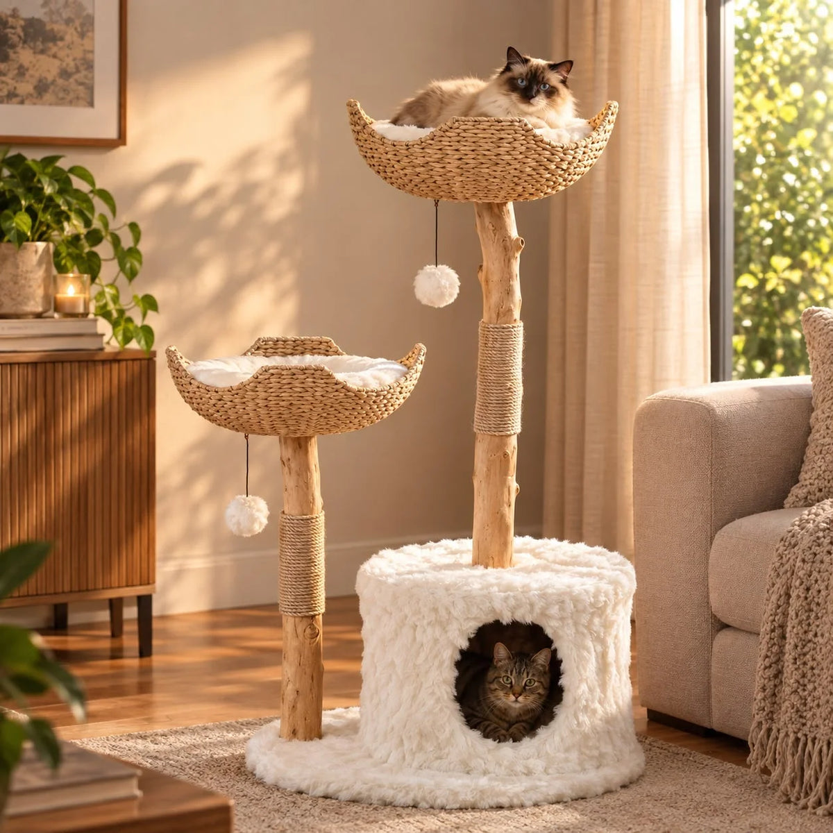Cat Tree Natural Branch Design With Woven Baskets & Cozy Cave
