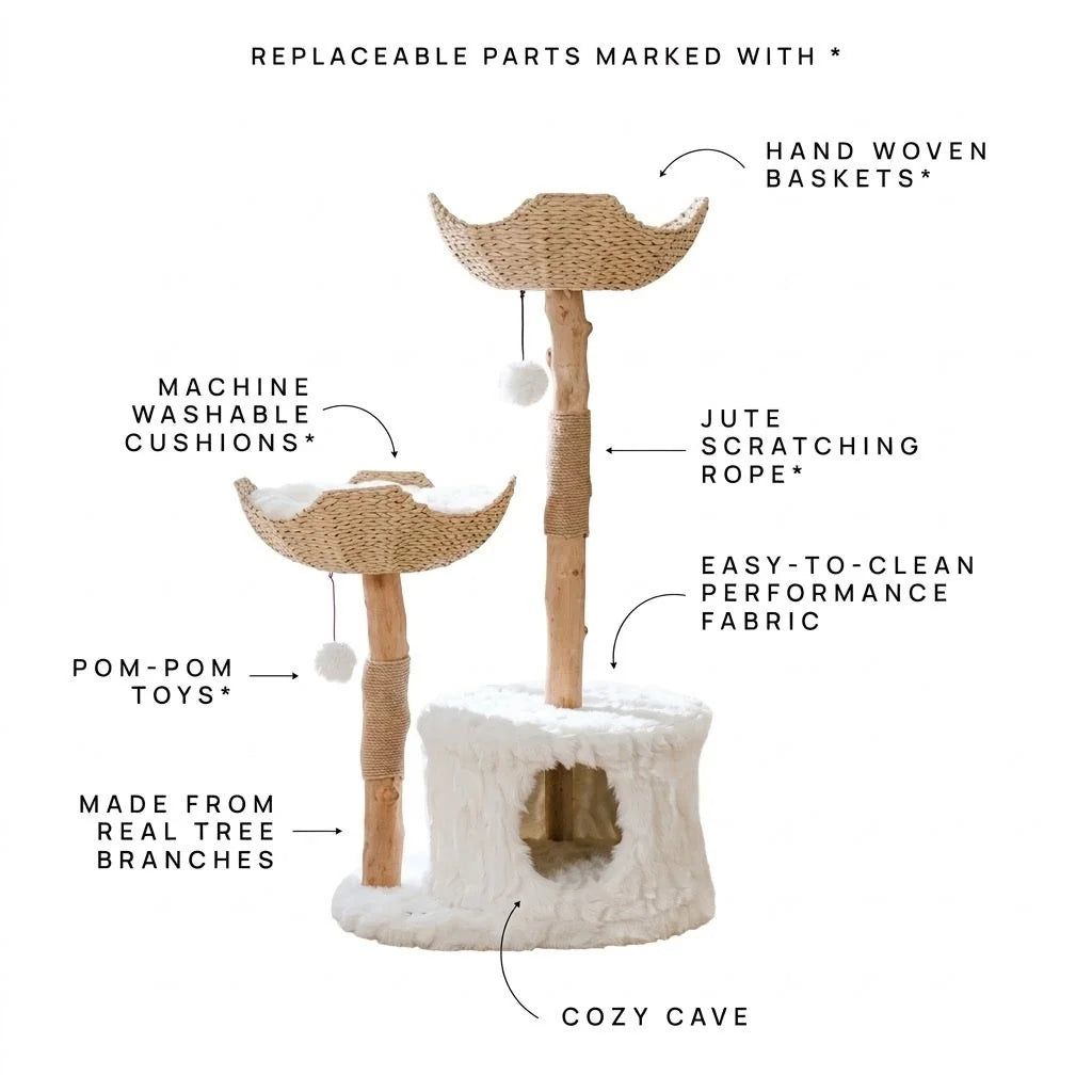 Cat Tree Natural Branch Design With Woven Baskets & Cozy Cave