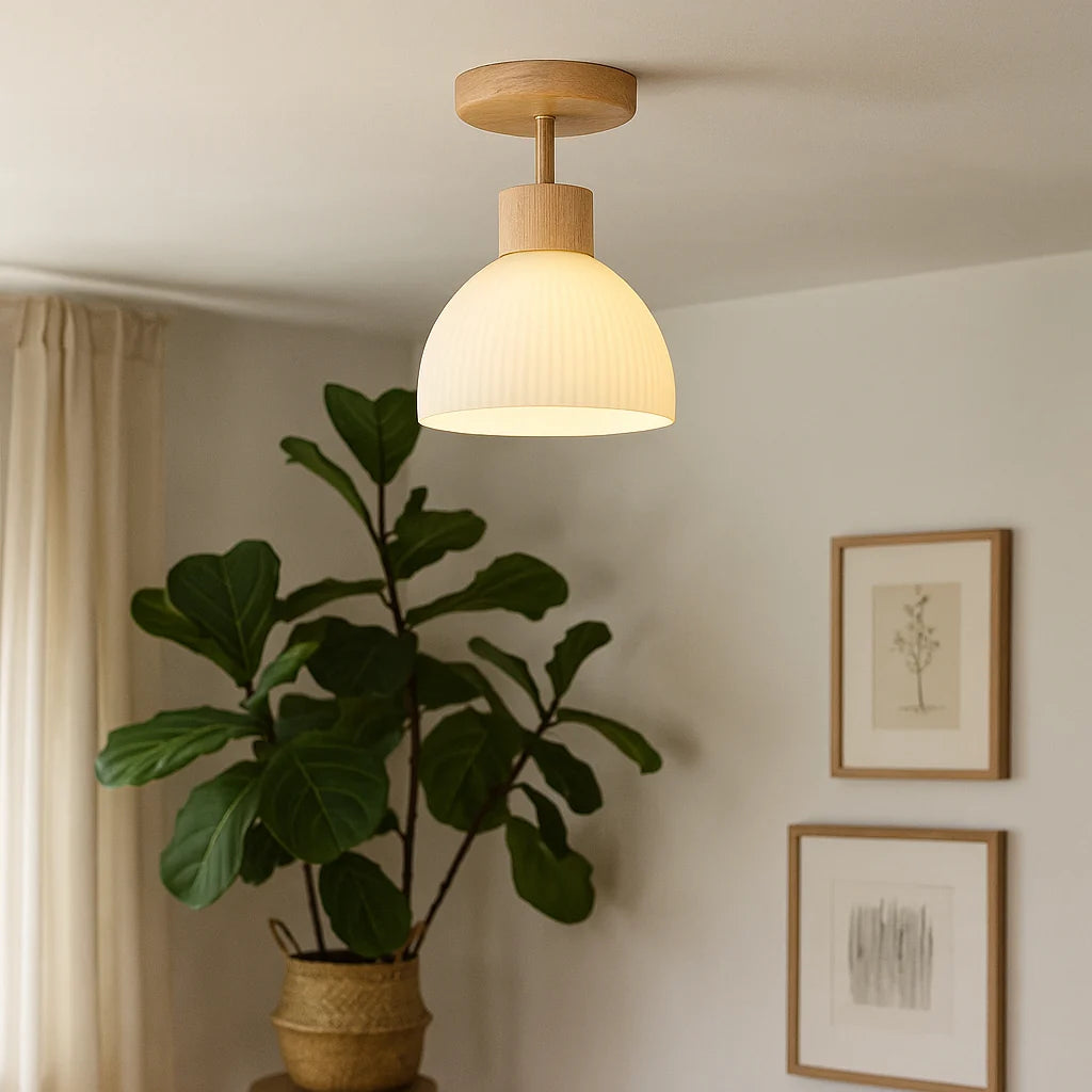 Ceiling Light Glass Diffuser Natural Wood Surround Integrated LED