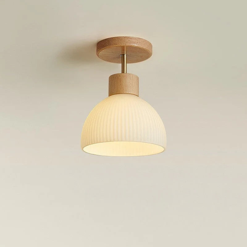 Ceiling Light Glass Diffuser Natural Wood Surround Integrated LED