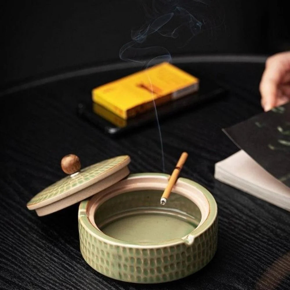 Ceramic Ashtray With Slotted Wooden Lid