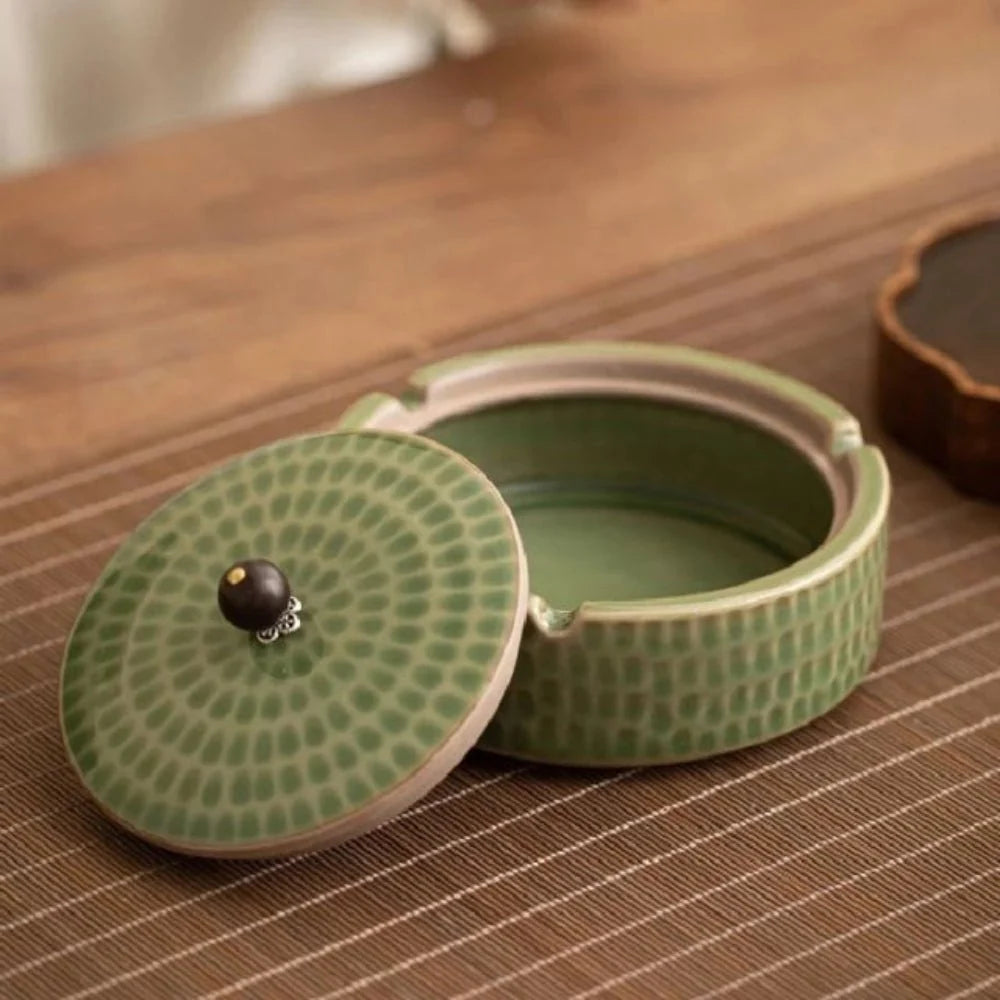 Ceramic Ashtray With Slotted Wooden Lid