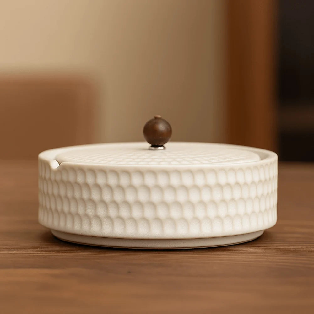 Ceramic Ashtray With Slotted Wooden Lid