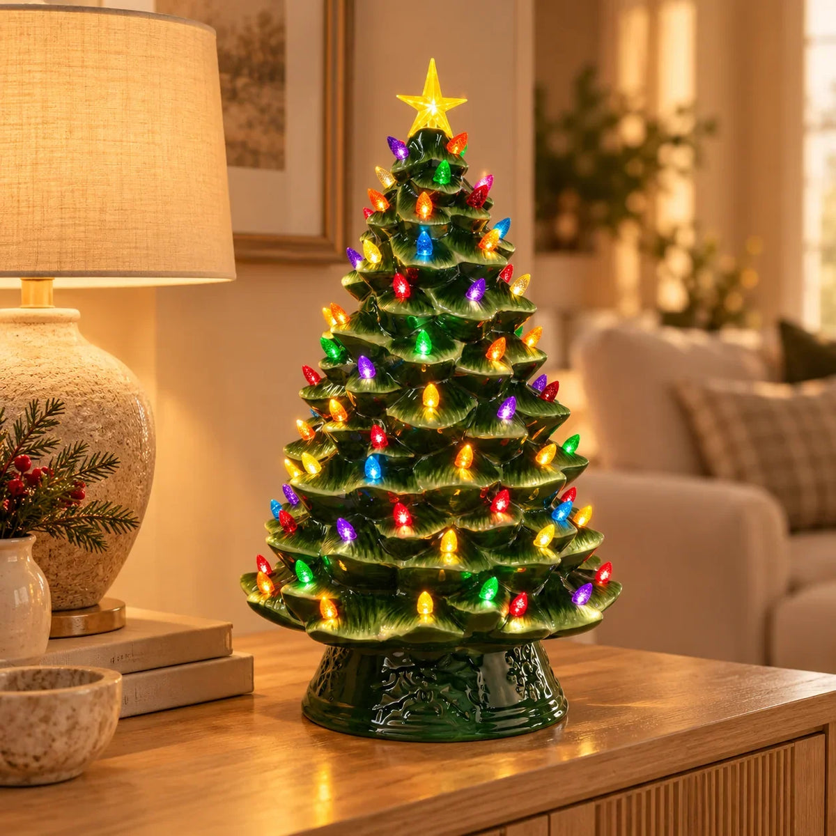 Ceramic Christmas Tree Glazed Multicolor Warm LED Lights