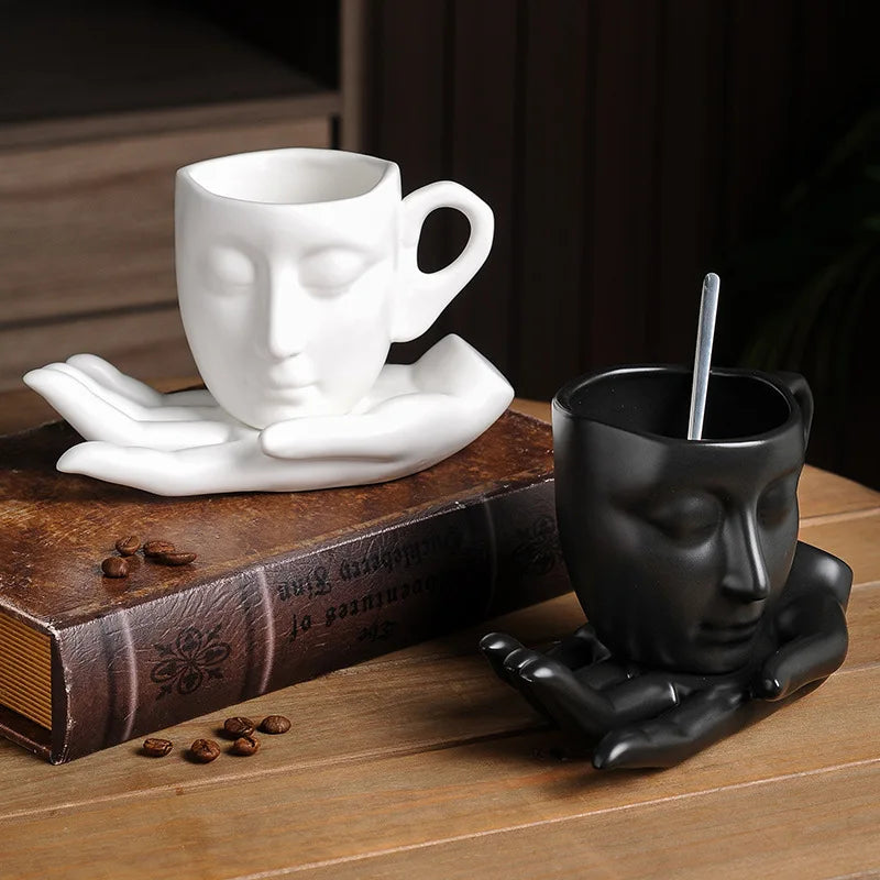 Ceramic Mug Sculptural Face Design Hand-Shaped Saucer 8.8 Oz