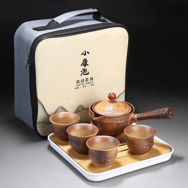 Ceramic Tea Set Rotating Infuser Four Cups Portable Bag