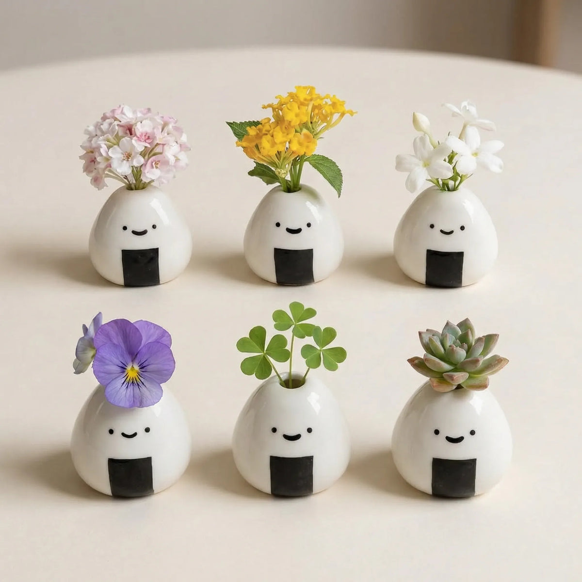Ceramic Vase Hand-Painted Smiling Onigiri Design