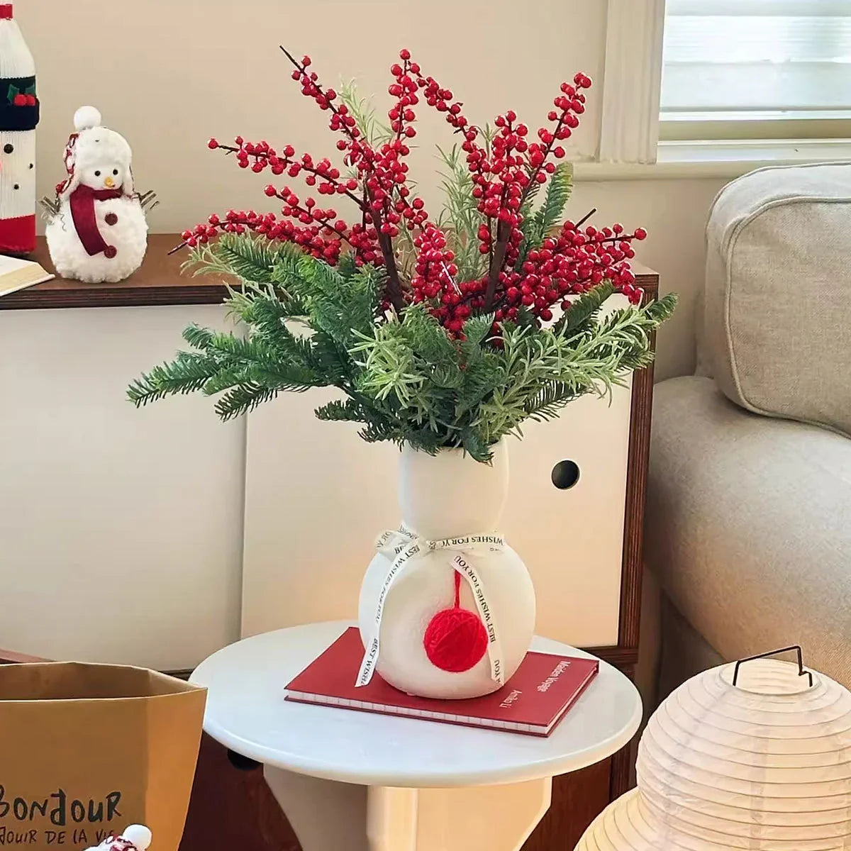 Ceramic Vase Snowman Design Holds Fresh & Artificial Flowers