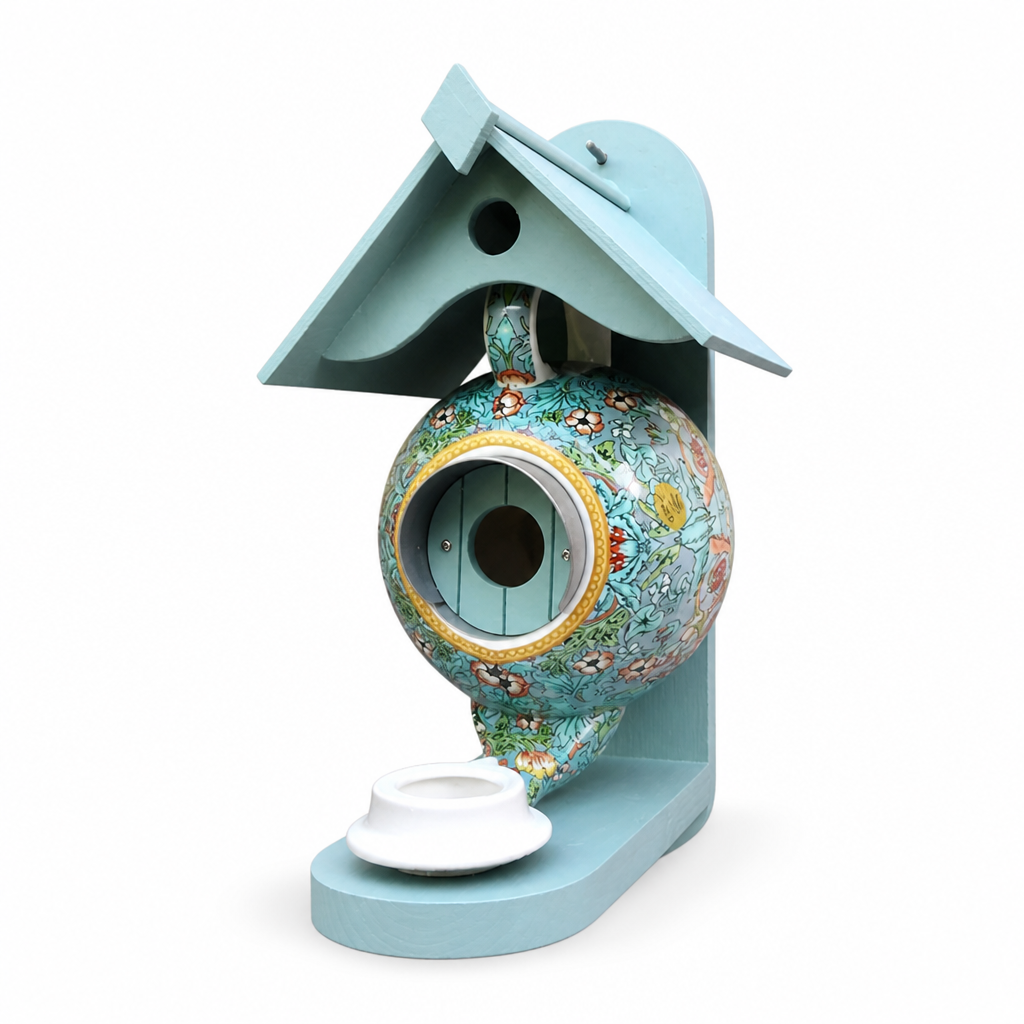 Ceramic & Wood Teapot Bird Feeder House