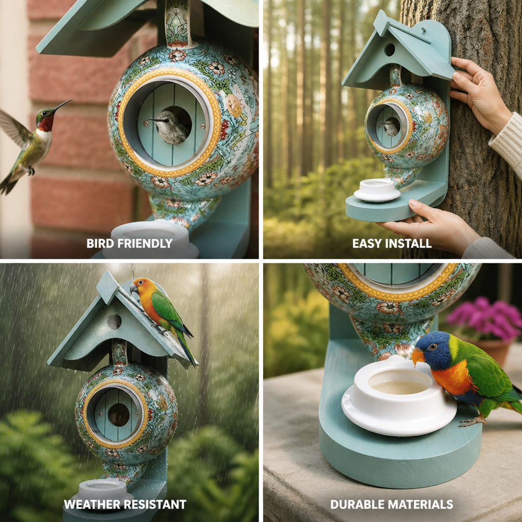 Ceramic & Wood Teapot Bird Feeder House