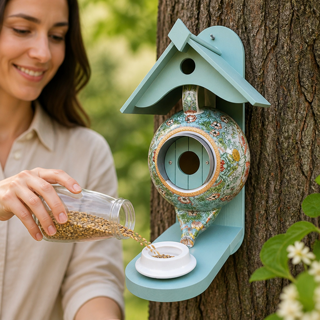 Ceramic & Wood Teapot Bird Feeder House