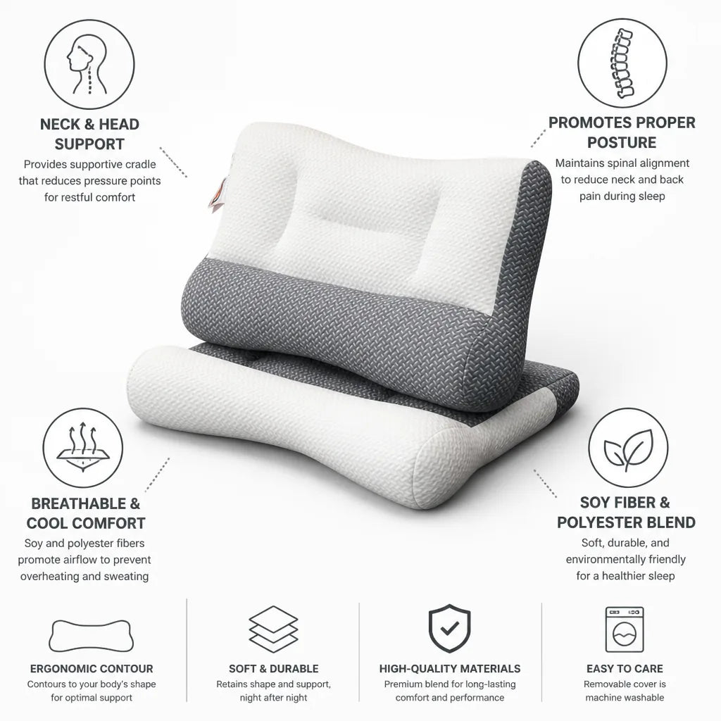 Cervical Support Pillow Ergonomic Contour Breathable Soy Fiber & Polyester