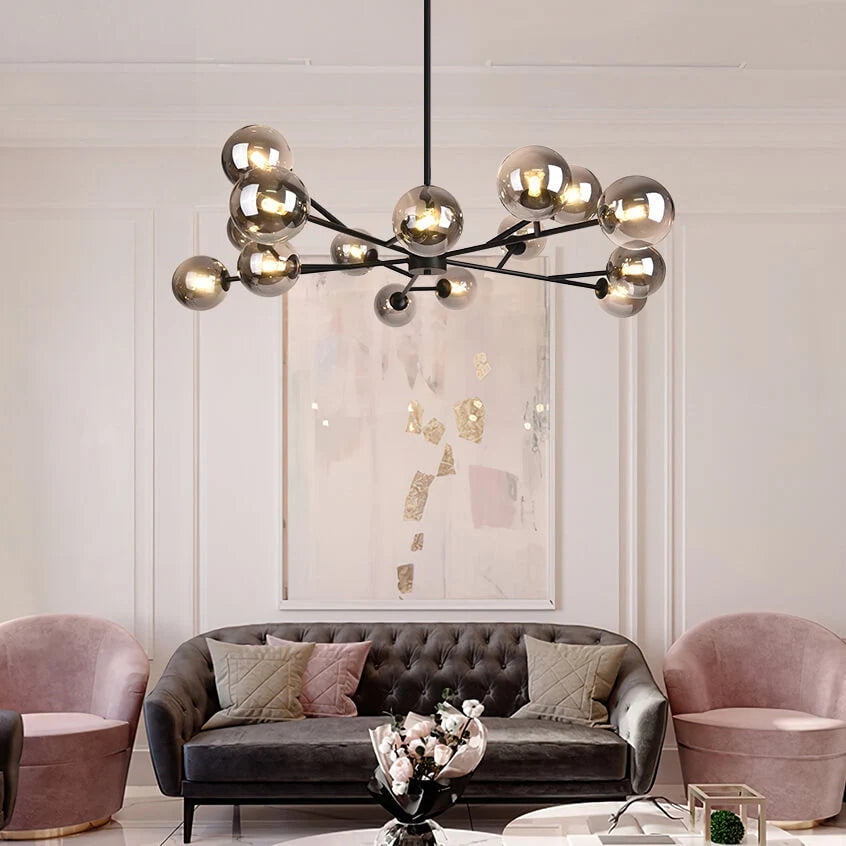 Chandelier 15 Glass Globes Adjustable Height & Sloped Ceiling Compatible
