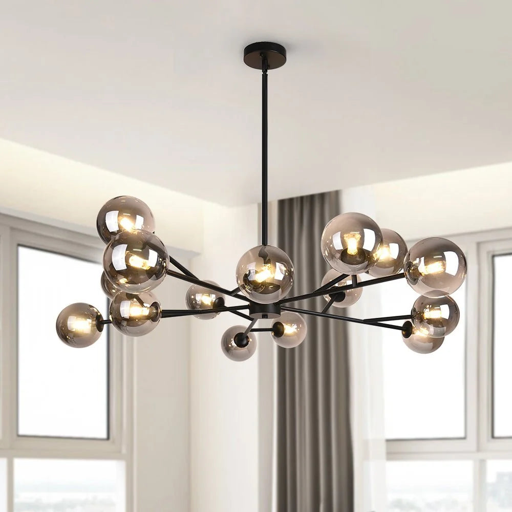 Chandelier 15 Glass Globes Adjustable Height & Sloped Ceiling Compatible