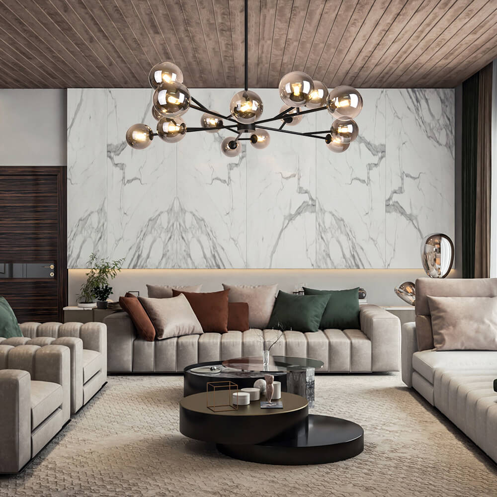 Chandelier 15 Glass Globes Adjustable Height & Sloped Ceiling Compatible