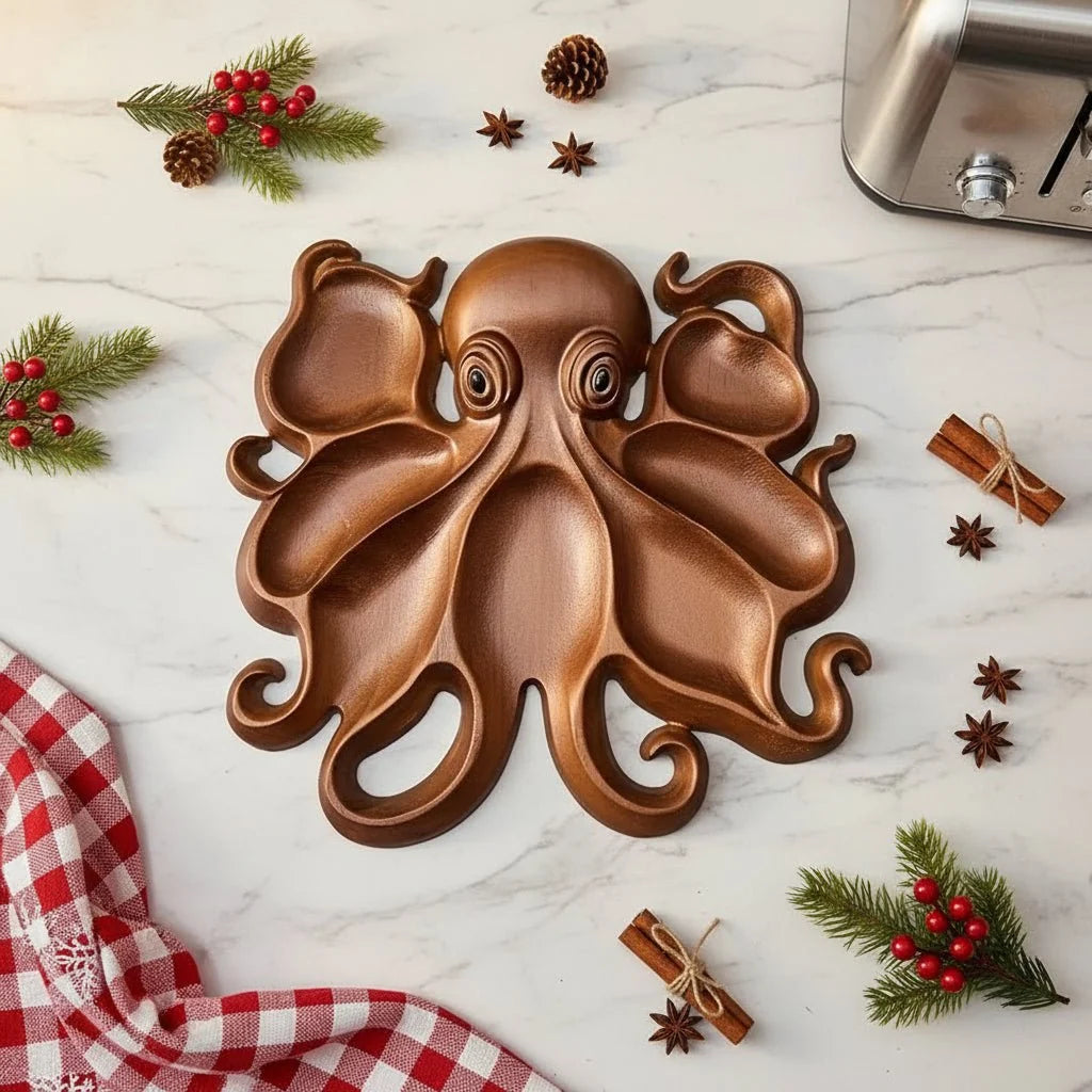 Charcuterie Board Octopus-Shaped Recycled Wood Hand-Polished Finish