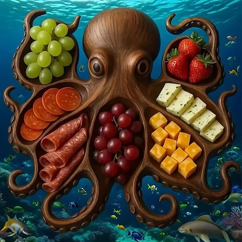 Charcuterie Board Octopus-Shaped Recycled Wood Hand-Polished Finish
