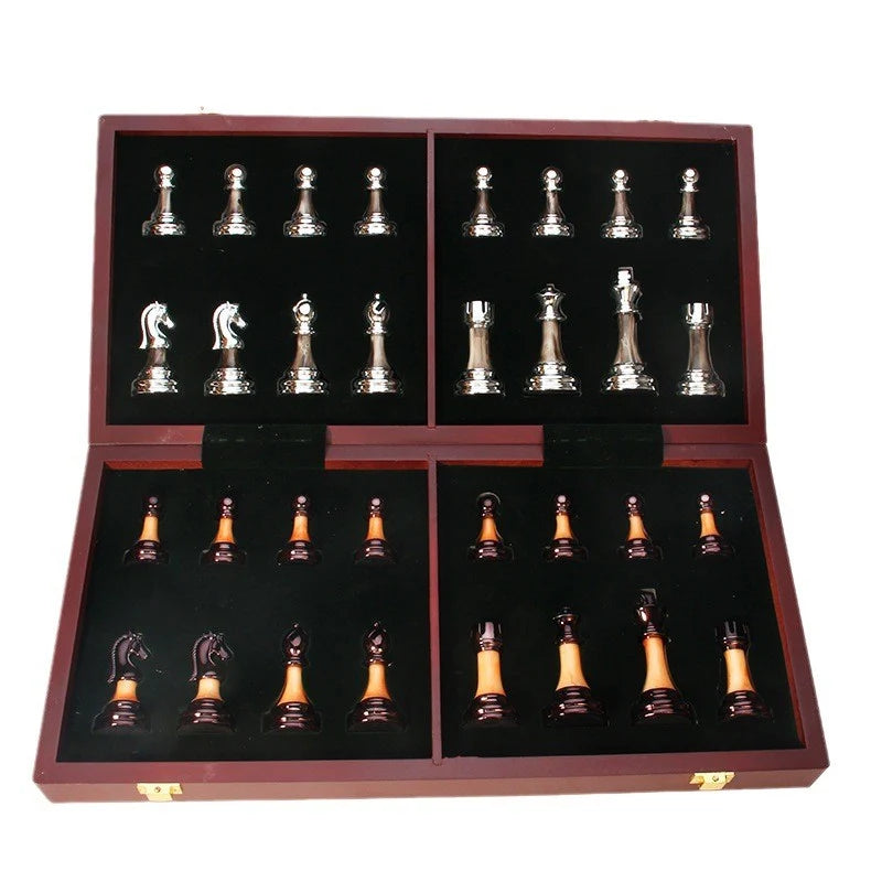 Chess Set Weighted Metal Pieces Lockable Wood Board