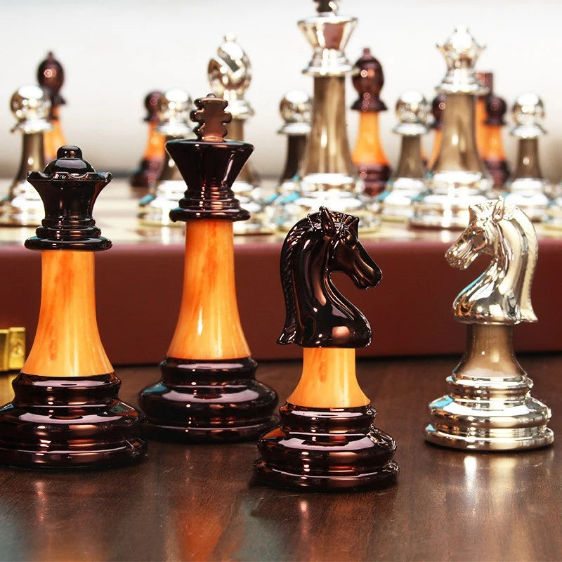 Chess Set Weighted Metal Pieces Lockable Wood Board