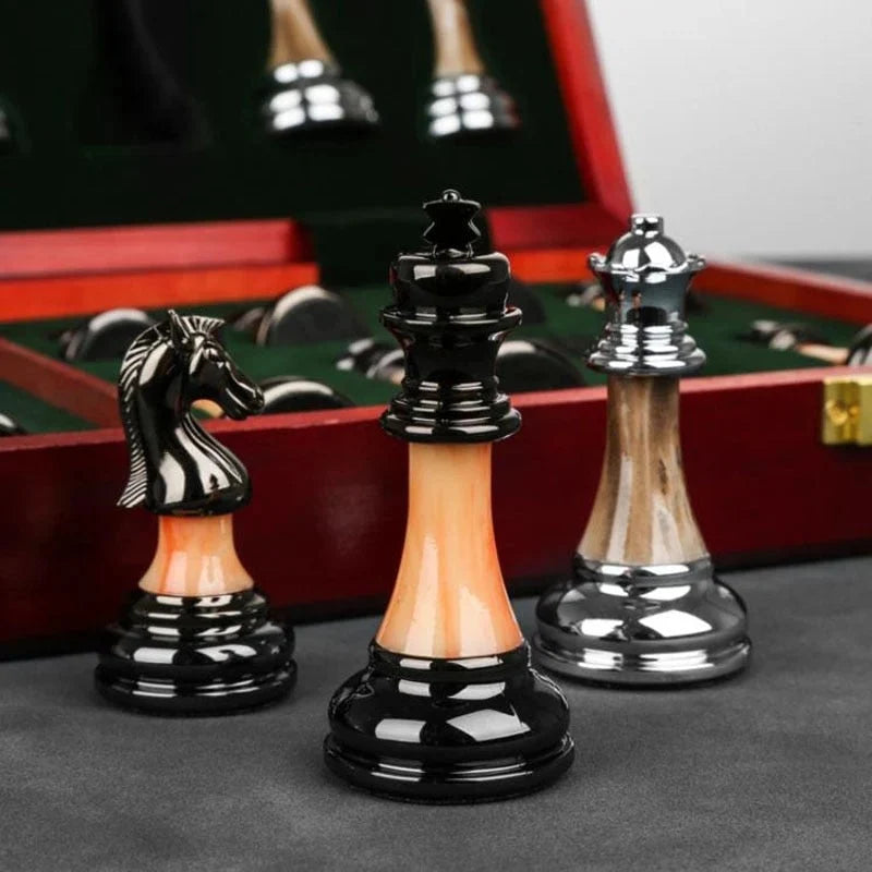 Chess Set Weighted Metal Pieces Lockable Wood Board