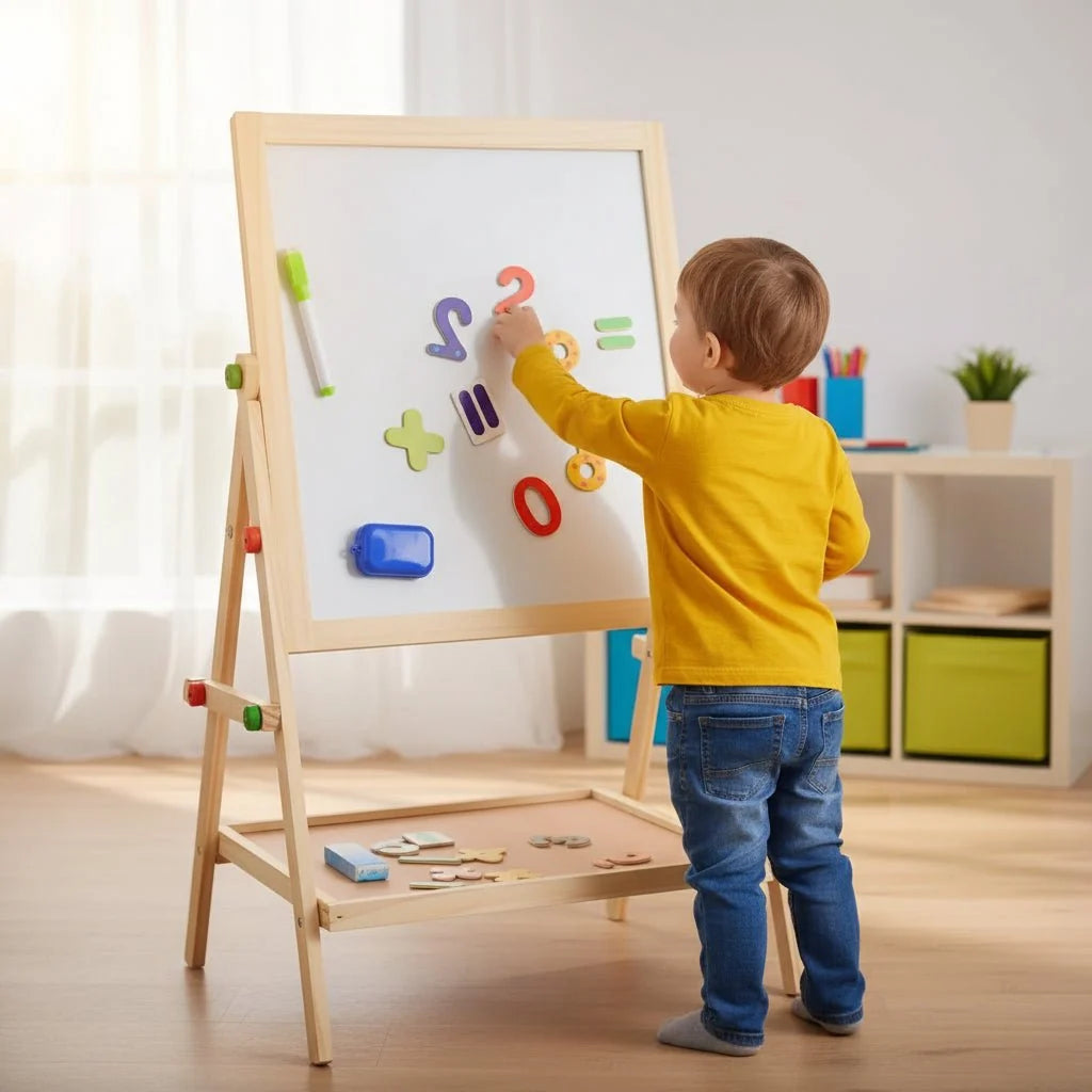 Children's Drawing Board Double-Sided Chalkboard & Whiteboard Height-Adjustable Wooden Frame