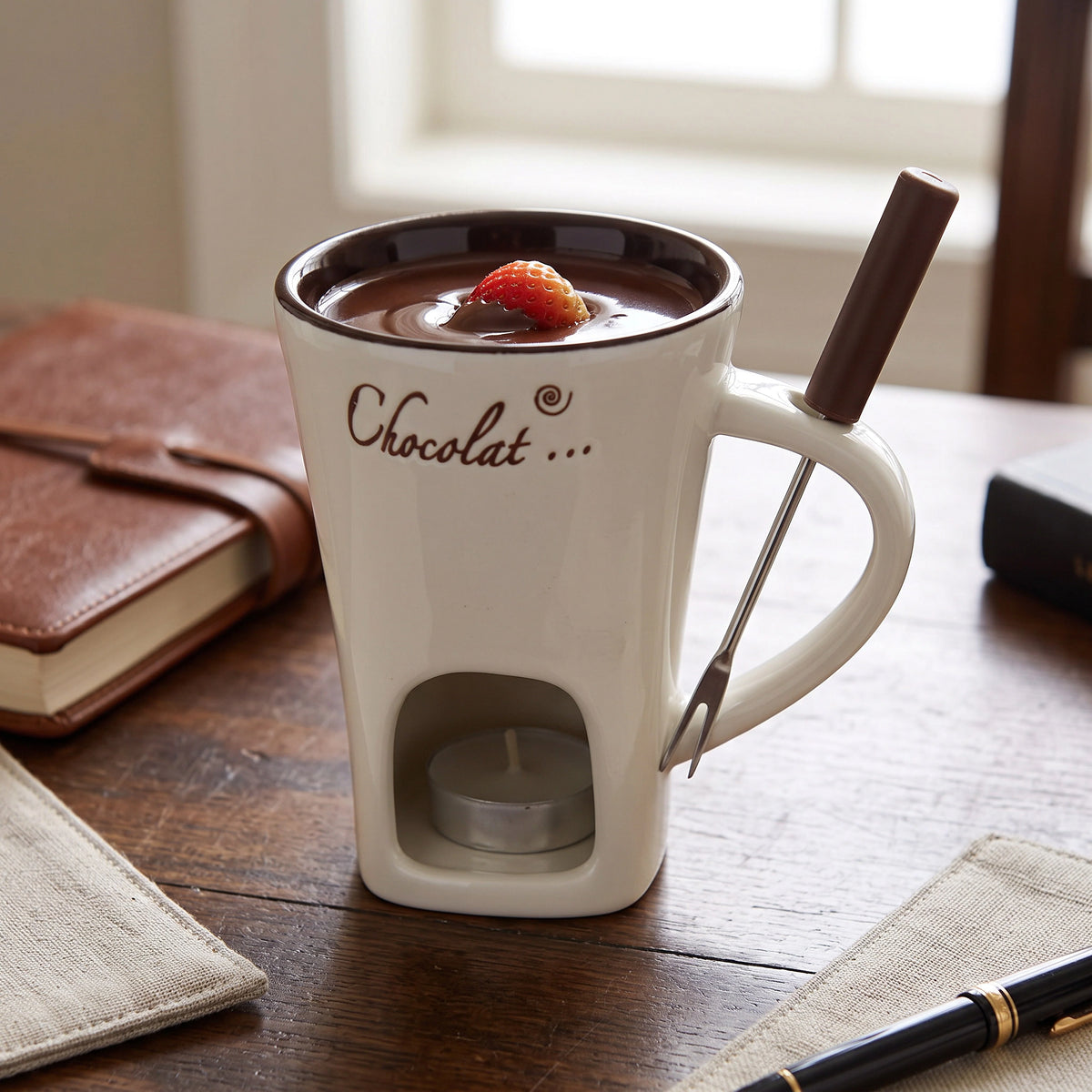 Chocolate Fondue Cup Candle-Heated Ceramic Stainless Steel Fork