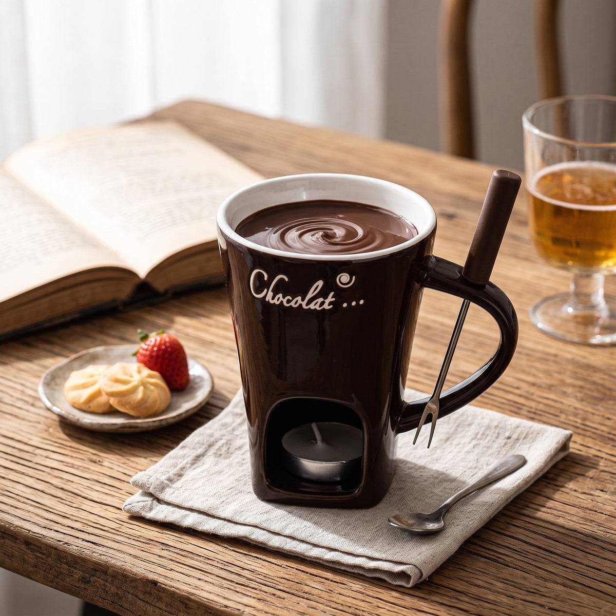 Chocolate Fondue Cup Candle-Heated Ceramic Stainless Steel Fork