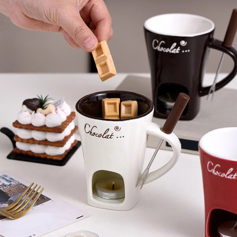 Chocolate Fondue Cup Candle-Heated Ceramic Stainless Steel Fork