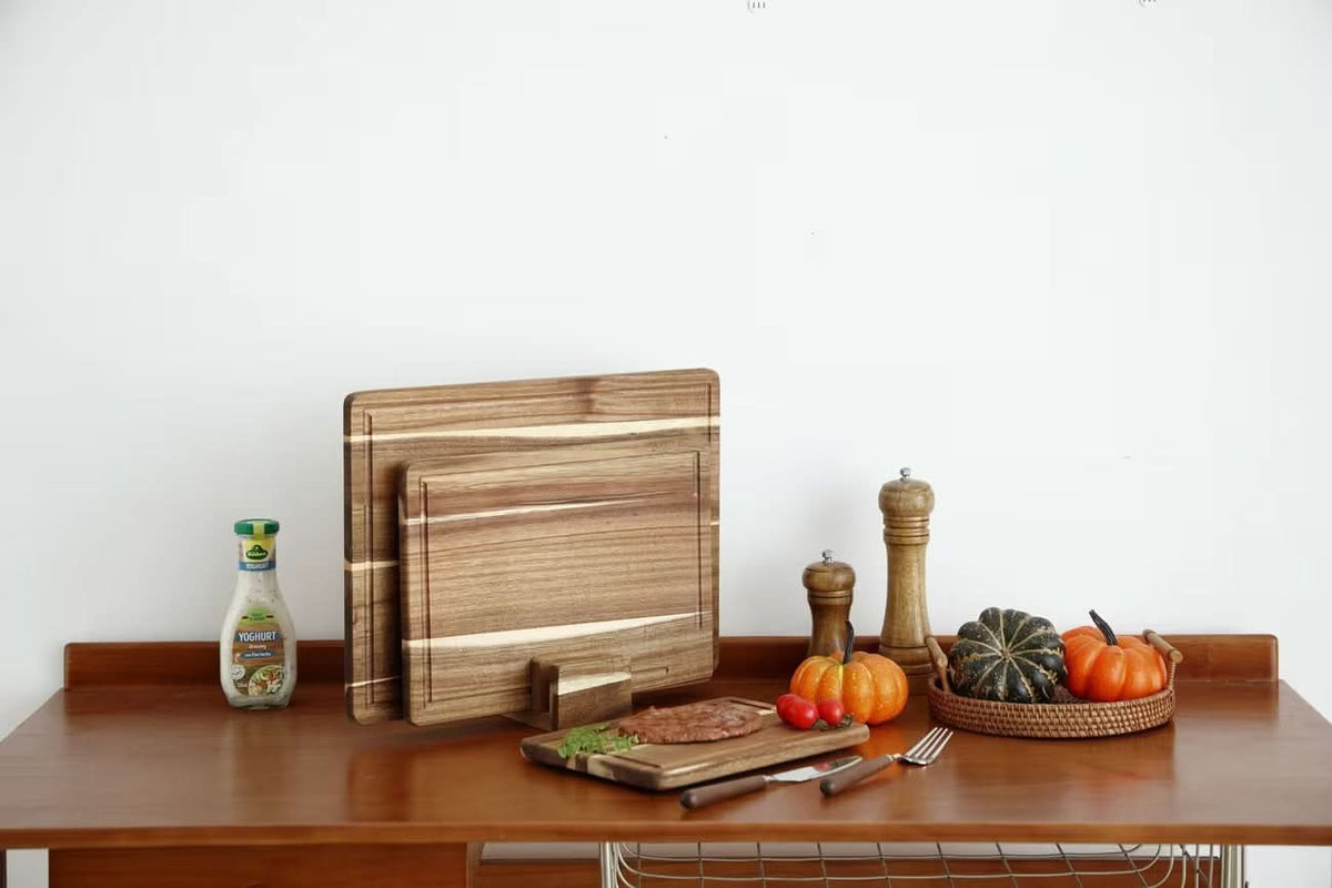 Chopping Board Set Juice Grooves Wooden Stand