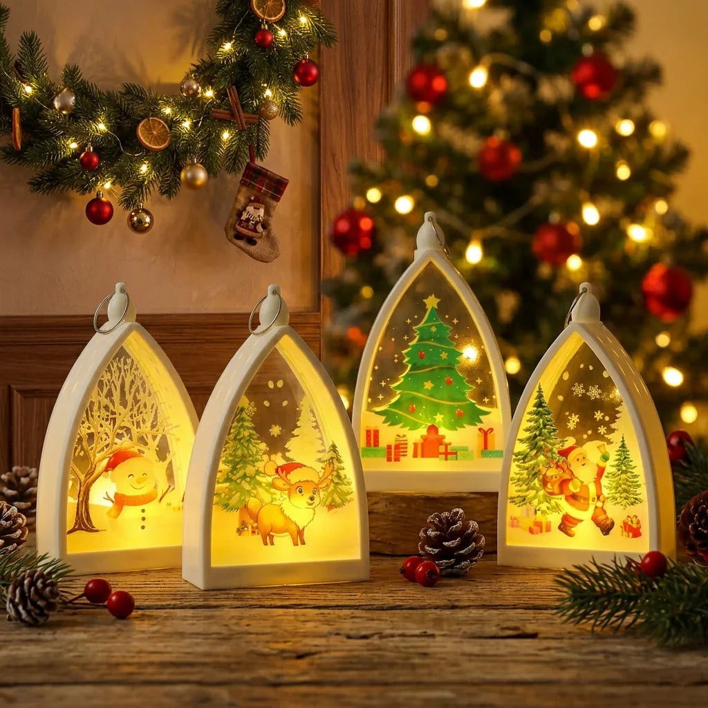 Christmas Cathedral Ornament Warm LED Reindeer & Snowman Motif