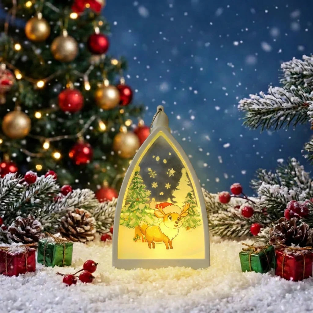 Christmas Cathedral Ornament Warm LED Reindeer & Snowman Motif