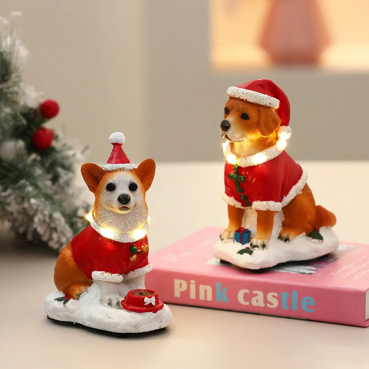 Christmas Dog Figurine LED-Illuminated Resin Indoor & Covered Outdoor