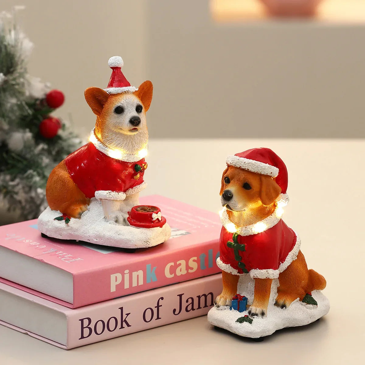 Christmas Dog Figurine LED-Illuminated Resin Indoor & Covered Outdoor