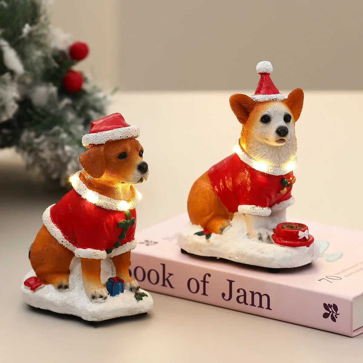 Christmas Dog Figurine LED-Illuminated Resin Indoor & Covered Outdoor