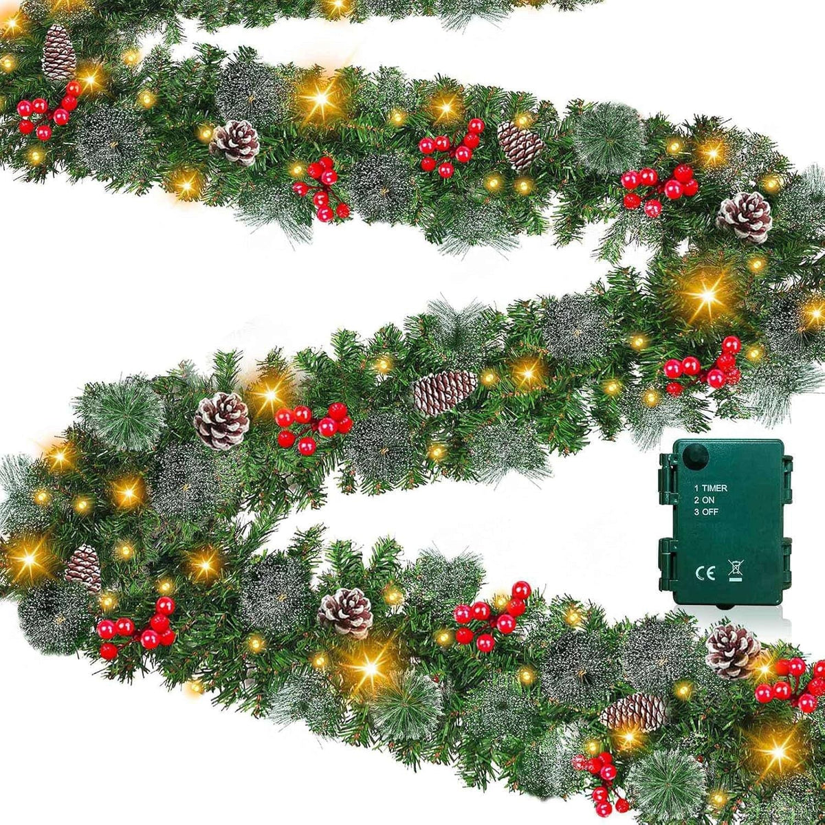 Christmas Garland LED Lights & Timer Flocked Pine Cones