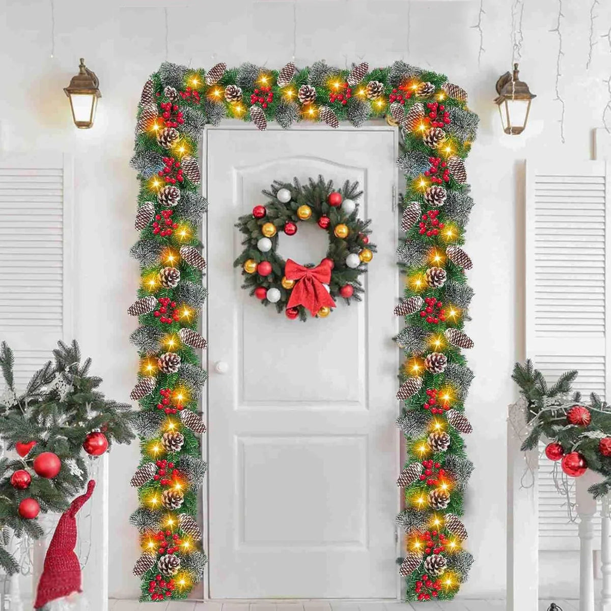 Christmas Garland LED Lights & Timer Flocked Pine Cones