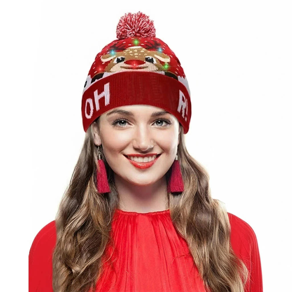 Christmas Hat LED Lights Stretchy Knit Pom-Pom