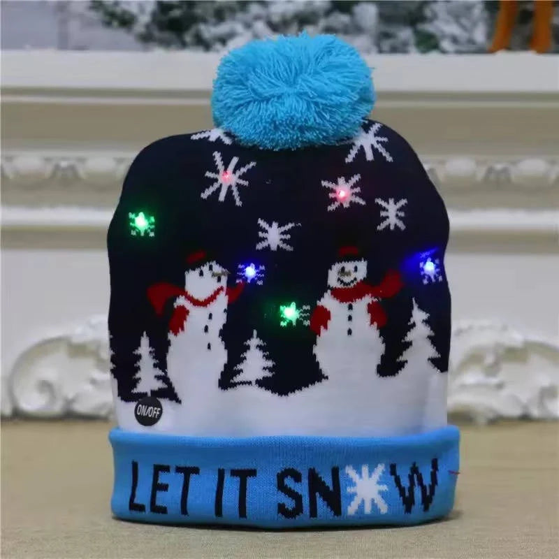 Christmas Hat LED Lights Stretchy Knit Pom-Pom